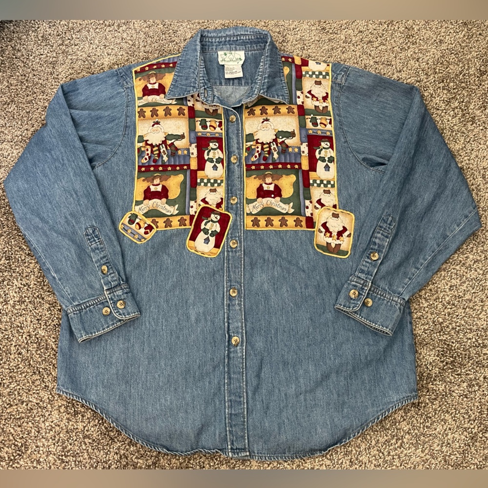 Women’s Vintage The Quacker Factory Christmas Button-Up Long Sleeve Shirt Size M